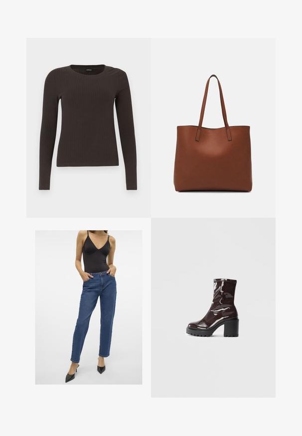 Barna, hosszú ujjú bordázott felső, kerek nyakkivágással. Simább, rugalmas anyagból készült, illeszkedő fazonú és minimális részletezéssel.; Sötétkék, magas derekú farmernadrág, egyenes szárú fazonnal, elülső zsebekkel és gombos záródással, amelyet egy fekete ujjatlan bodyval párosítottak.; Fényes bordó bokacsizma vastag fekete sarokkal, sima felülettel és egyszerű dizájnnal. Nincsenek látható zárak vagy minták.; Barna bőr vászontáska sima textúrával, nyitott tetejű dizájnnal és két vállpánttal. Minimális varrással és látható hardver nélkül készült.