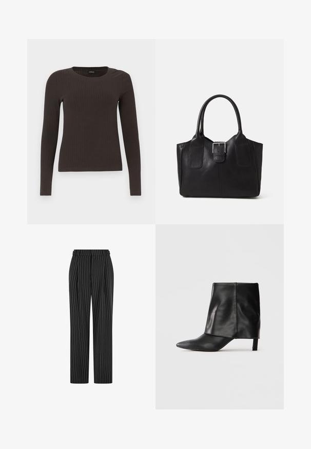 Pruun, pikkade varrukatega ribaga särk, millel on ümar kaelus. Valmistatud siledast, venivast materjalist, omades formatiivset siluetti ja minimaalset dekoratiivsust.; Mustrieritud mustad püksid kõrge vöökohaga, pleediridadega esiosas ja sirge lõikega. Kanga tekstuur on nähtav ja elegantselt õmmeldud ametlikuks välimuseks.; Must mustaastmede pikkade varbaga, volditud ülemise põlveosas ja saleda madala kontsaga jalanõu valge tausta peal.; Mustgamma nahast kott, millel on sile tekstuur, struktureeritud kuju, kaks käepidet ja esiküljel silmapaistev hõbedane pandla detail.
