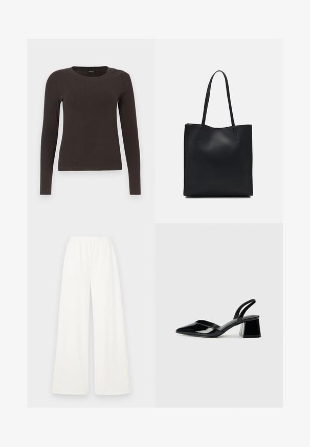 Un haut marron à manches longues en rib avec un col rond. Fabriqué dans un matériau lisse et extensible, il présente une silhouette ajustée et un minimum de détails.; Pantalons larges en tissu blanc léger et doux. Dotés d'une taille élastique pour le confort et d'une texture lisse sans motifs visibles.; Escarpins en cuir verni noir avec bout pointu et talon bloc géométrique. Présente un design élégant et minimaliste ainsi qu'une texture lisse.; Sac fourre-tout en cuir noir avec une texture lisse, de forme rectangulaire et deux longues poignées. Pas de matériel ou d'ornementations visibles.