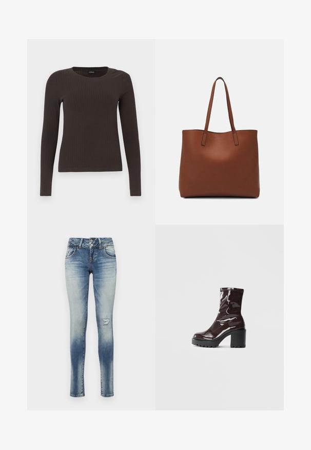Rjav, dolgosleeve rebrasti zgornji del s krožnim izrezom. Narejen iz gladkega, raztegljivega materiala, z oprijetim silhuetom in minimalnimi detajli.; Modre skinny kavbojke z zbledelim pranjem, z ranami na kolenih, petimi žepi in gumbastim zapenjanjem z dvema gumboma na ravnem pasu.; Sijajan škrlatank z bleščečim videzom, z masivnim črnim peto, ki se ponaša z gladko teksturo in preprostim dizajnom. Brez vidnih zapenjal ali vzorcev.; Rjava usnjena torba z gladko teksturo, odprto zasnovo zgoraj in dvema naramnima trakovoma. Opremljena je z minimalnim šivanjem in brez vidnih kovinskih delov.