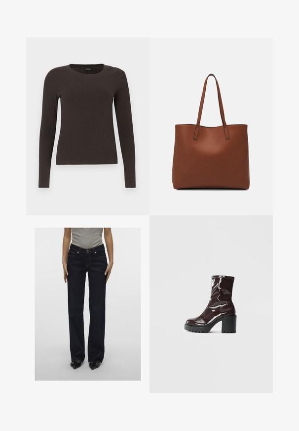 Rjav, dolgosleeve rebrasti zgornji del s krožnim izrezom. Narejen iz gladkega, raztegljivega materiala, z oprijetim silhuetom in minimalnimi detajli.; Temno modri traper hlače imajo ravno krojenje, pet žepov in kontrastno šivanje. Sprednji gumbasti zapenjalnik z zadrgo.; Sijajan škrlatank z bleščečim videzom, z masivnim črnim peto, ki se ponaša z gladko teksturo in preprostim dizajnom. Brez vidnih zapenjal ali vzorcev.; Rjava usnjena torba z gladko teksturo, odprto zasnovo zgoraj in dvema naramnima trakovoma. Opremljena je z minimalnim šivanjem in brez vidnih kovinskih delov.