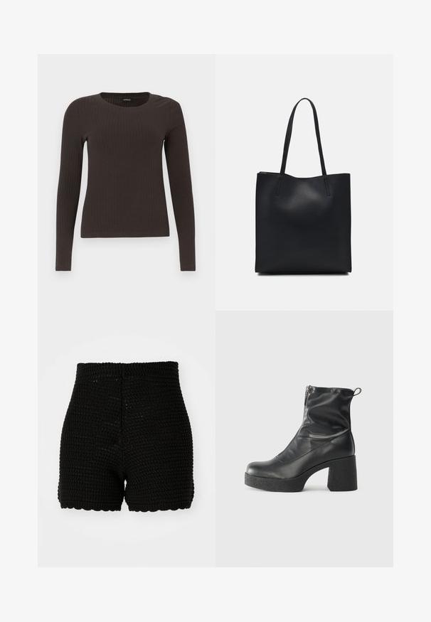 Brun, langermet ribbestrikket topp med rund hals. Laget av et glatt, elastisk materiale, med en tettsittende silhuett og minimalt med detaljer.; Svarte hekleshorts med ribbet tekstur, høy midje og bølget kant. Designet for en tettsittende silhuett og pustende materiale.; Svarte ankelstøvler laget av glatt lær, med glidelås på siden, chunky strukturert hæl, og rund tå-design.; Svart lær tote bag med glatt tekstur, rektangulær form og to lange håndtak. Ingen synlige deler eller dekorasjoner.
