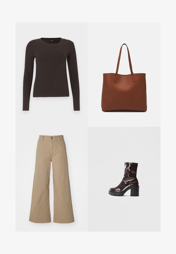 Rjav, dolgosleeve rebrasti zgornji del s krožnim izrezom. Narejen iz gladkega, raztegljivega materiala, z oprijetim silhuetom in minimalnimi detajli.; Khaki široke hlače iz bombaža, z zapiranjem na sprednjem delu s gumbom, zankami za pas in gladko, mat teksturo po celotni površini.; Sijajan škrlatank z bleščečim videzom, z masivnim črnim peto, ki se ponaša z gladko teksturo in preprostim dizajnom. Brez vidnih zapenjal ali vzorcev.; Rjava usnjena torba z gladko teksturo, odprto zasnovo zgoraj in dvema naramnima trakovoma. Opremljena je z minimalnim šivanjem in brez vidnih kovinskih delov.