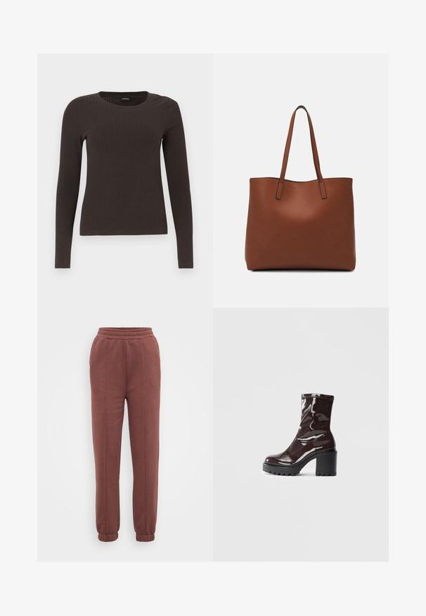 Bruine, lang%C3%A8ve ribgebreide top met een ronde hals. Gemaakt van een soepel, rekbaar materiaal, met een getailleerde pasvorm en minimale details.; Bruine joggers met een elastische tailleband, geribde boorden, een soepele textuur en stiksels aan de voorkant. Geschikt voor casual kleding.; Glanzende bordeauxrode enkelboot met een chunky zwarte hak, met een gladde textuur en een eenvoudig ontwerp. Geen zichtbare sluitingen of patronen.; Bruine leren tote bag met een gladde textuur, een ontwerp met een open bovenkant en twee schouderbanden. Kenmerkt zich door minimale stiksels en geen zichtbare hardware.