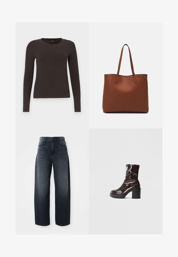 Smeđa, dugokraga, rebrasta majica s dugim rukavima. Izrađena od glatkog, rastezljivog materijala, s prikladnim krojem bez mnogo detalja.; Jeans širokih nogavica od tamnog denima, s visokim strukom, klasičnom gumbom i zatvaračem, te suptilnim izblijeđivanjem na prednjem dijelu.; Sjajna burgundska čizma do gležnja s debelim crnim potplatom, koja se odlikuje glatkom teksturom i jednostavnim dizajnom. Nema vidljivih kopčanja ili uzoraka.; Smeđa kožna torba preko ramena s glatkom teksturom, otvorenim vrhom i dvjema naramenicama. Ima minimalne šavove i nema vidljivog hardvera.