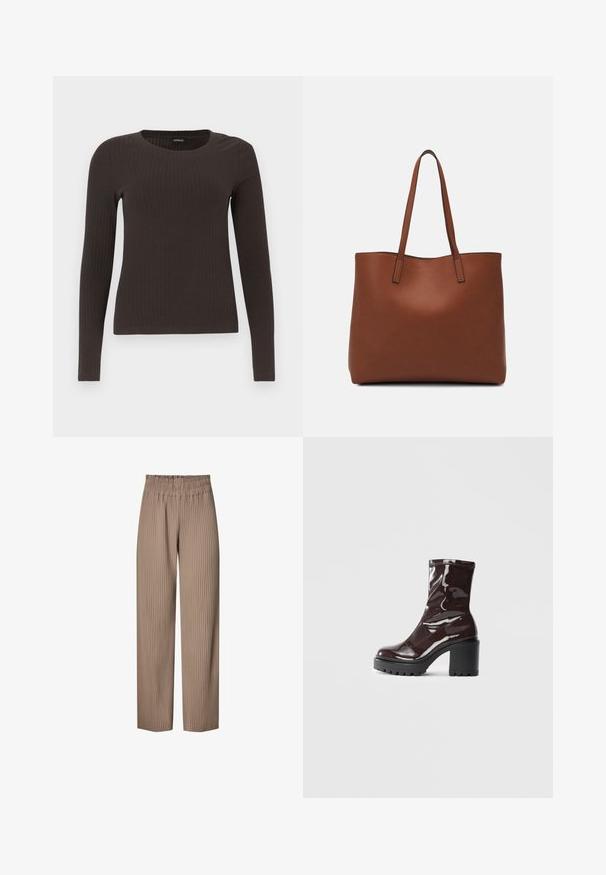 Brun, langermet ribbestrikket topp med rund hals. Laget av et glatt, elastisk materiale, med en tettsittende silhuett og minimalt med detaljer.; Plisserte vide bukser i en lys brun stoff med elastisk liv, med vertikale striper for ekstra tekstur og design.; Glinsende burgunder ankelstøvel med en kraftig svart hæl, med en glatt tekstur og enkelt design. Ingen synlige lukkinger eller mønstre.; Brun lær tote veske med en jevn tekstur, åpen toppdesign og to skulderstropper. Har minimal søm og ingen synlige spiker.