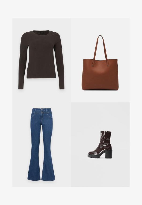 Pruun, pikkade varrukatega ribaga särk, millel on ümar kaelus. Valmistatud siledast, venivast materjalist, omades formatiivset siluetti ja minimaalset dekoratiivsust.; ONLY ONLRAIN FLARED - Alt laienevad teksad - medium blue denim; Klakav läikiv burgundi värvi pahkluu saabas, millel on paks must konts, sile tekstuur ja lihtne disain. Nähtavad kinnitused või mustrid puuduvad.; Pruun nahast tote-kott, millel on sile tekstuur, avatud ülaosa disain ja kaks õlarihma. Omab minimaalset õmblust ja nähtavat riistvara ei ole.