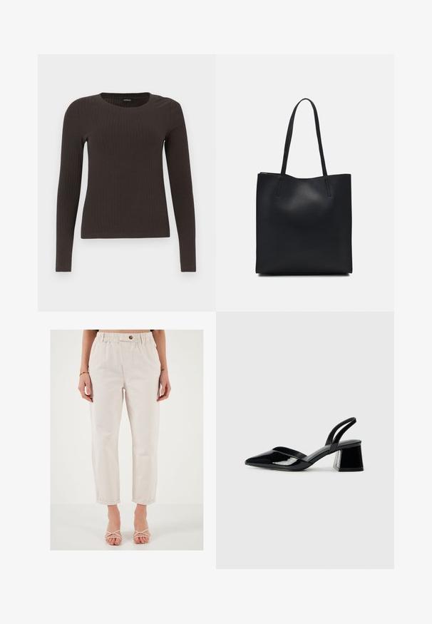 Top marrón de manga larga y con ribete, con cuello redondo. Fabricado con un material suave y elástico, presenta una silueta ajustada y un diseño minimalista.; Pantalones beige claros con cintura elástica, con un botón en el frente, piernas ajustadas y puños enrollados. Fabricados con una tela suave y texturizada.; Zapatos de tacón slingback de charol negro con punta afilada y tacón geométrico en bloque. Presentan un diseño elegante y minimalista, así como una textura suave.; Bolso tote de cuero negro con textura lisa, forma rectangular y dos asas largas. Sin herrajes ni adornos visibles.