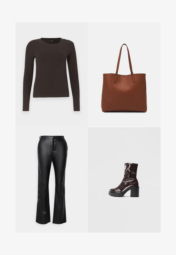 Top castanho de manga longa em malha com decote redondo. Feito de um material suave e elástico, apresentando um silhueta ajustada e detalhes mínimos.; Calças acampanadas em imitação de pele negra, com uma textura suave, apresentando fecho de correr, passantes para cinto e bolsos frontais.; Bota de tornozelo burgundy brilhante com um salto preto robusto, apresentando uma textura suave e um design simples. Sem fechos ou padrões visíveis.; Bolsa tote de couro castanho com uma textura suave, design de abertura superior e duas alças para o ombro. Apresenta costura mínima e sem hardware visível.