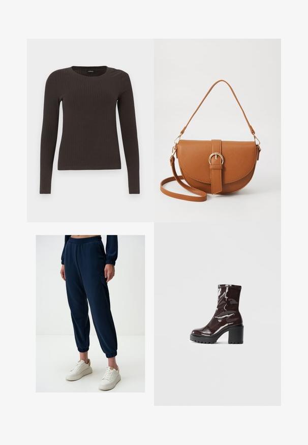 Bruine, lang%C3%A8ve ribgebreide top met een ronde hals. Gemaakt van een soepel, rekbaar materiaal, met een getailleerde pasvorm en minimale details.; Marine joggingsbroek van zachte stof met een elastische tailleband, zijzakken en aansluitende manchetten. Gecombineerd met witte platform sneakers.; Glanzende bordeauxrode enkelboot met een chunky zwarte hak, met een gladde textuur en een eenvoudig ontwerp. Geen zichtbare sluitingen of patronen.; Bruine leren schoudertas met een gebogen vorm, gouden hardware en een gespaccent. Bevat een afneembare schouderriem.