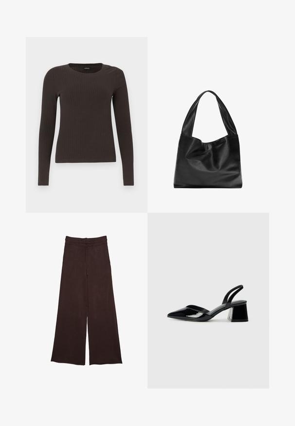 Top marrone a maniche lunghe con scollo rotondo. Realizzato in un materiale liscio e elasticizzato, presenta una silhouette aderente e dettagli minimi.; Pantaloni larghi marroni realizzati in tessuto morbido, con vita elastica e cordino di regolazione, e una superficie texturizzata per un tocco di dettaglio in più.; Décolleté in vernice nera con punta affusolata e tacco in geometria cubica. Presentano un design elegante e minimalista, con una texture liscia.; Borsa tote in pelle nera con un design morbido e floscio, manici larghi e una texture liscia. Nessun hardware o decorazione visibile.