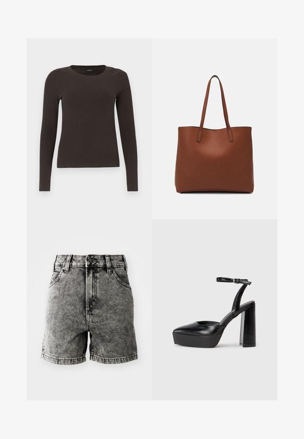 Rjav, dolgosleeve rebrasti zgornji del s krožnim izrezom. Narejen iz gladkega, raztegljivega materiala, z oprijetim silhuetom in minimalnimi detajli.; Črne jeans kratke hlače s visokim pasom, petimi žepi in uničenim videzom z vidnimi šivi ter kovinskimi detajli.; Črne platforme z visokimi petami in koničastim nosom ter nastavljivim gležnjenjskim trakom. Narejene iz gladke usnje, s kockasto peto.; Rjava usnjena torba z gladko teksturo, odprto zasnovo zgoraj in dvema naramnima trakovoma. Opremljena je z minimalnim šivanjem in brez vidnih kovinskih delov.