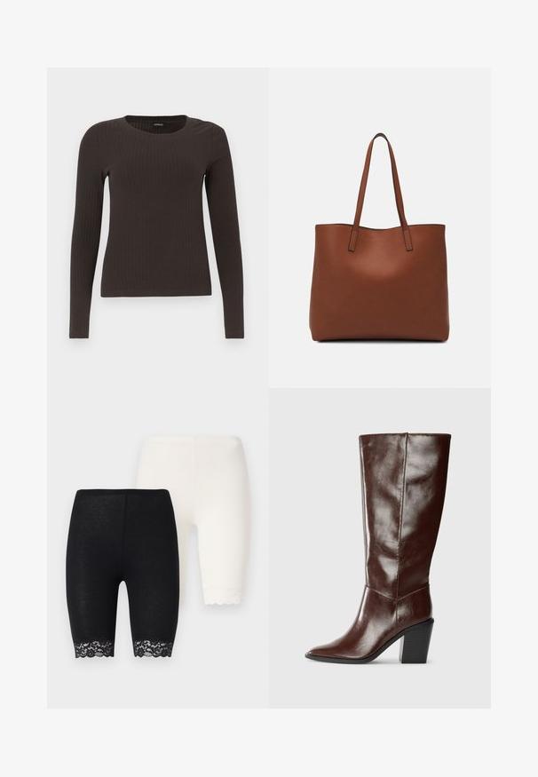 Brun, langermet ribbestrikket topp med rund hals. Laget av et glatt, elastisk materiale, med en tettsittende silhuett og minimalt med detaljer.; Svart og hvite stretchy shorts med blonderdetaljer på sømmene. Det svarte paret har et blomstermønster i blonde, mens det hvite paret har solide kanter.; Høye, mørkebrune lærstøvler med spiss tå og stablet blokkhelt, vist fra siden på en enkel bakgrunn.; Brun lær tote veske med en jevn tekstur, åpen toppdesign og to skulderstropper. Har minimal søm og ingen synlige spiker.