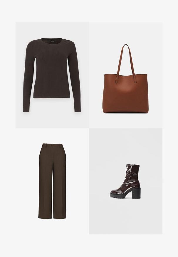 Un haut marron à manches longues en rib avec un col rond. Fabriqué dans un matériau lisse et extensible, il présente une silhouette ajustée et un minimum de détails.; Pantalons larges marron en tissu texturé, avec une fermeture à bouton, une taille structurée et des plis repassés à l'avant.; Bottines bordeaux brillantes à talon épais noir, avec une texture lisse et un design simple. Aucune fermeture visible ni motifs.; Sac fourre-tout en cuir marron avec une texture lisse, design à ouverture supérieure et deux poignées pour le porter à l'épaule. Présente des coutures minimales et aucun matériel visible.