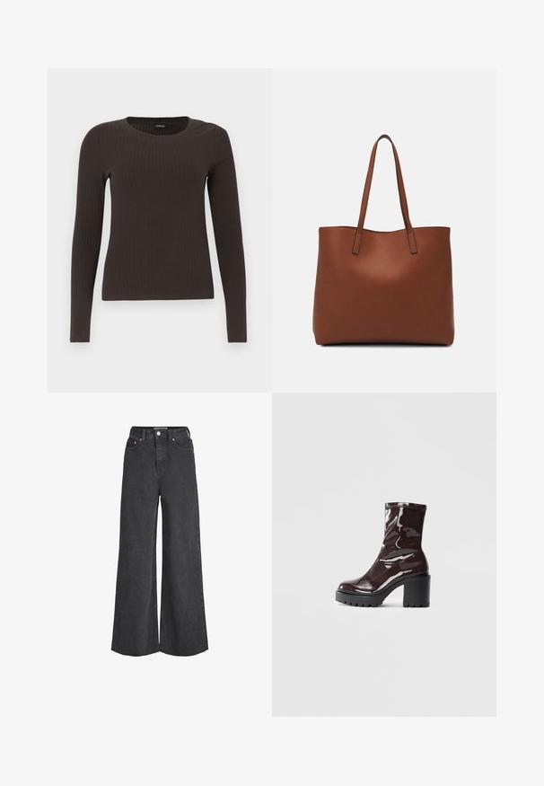 Top castanho de manga longa em malha com decote redondo. Feito de um material suave e elástico, apresentando um silhueta ajustada e detalhes mínimos.; Jeans pretos de perna larga de cintura alta com botão e fecho de correr à frente, cinco bolsos e acabamento desfiado.; Bota de tornozelo burgundy brilhante com um salto preto robusto, apresentando uma textura suave e um design simples. Sem fechos ou padrões visíveis.; Bolsa tote de couro castanho com uma textura suave, design de abertura superior e duas alças para o ombro. Apresenta costura mínima e sem hardware visível.
