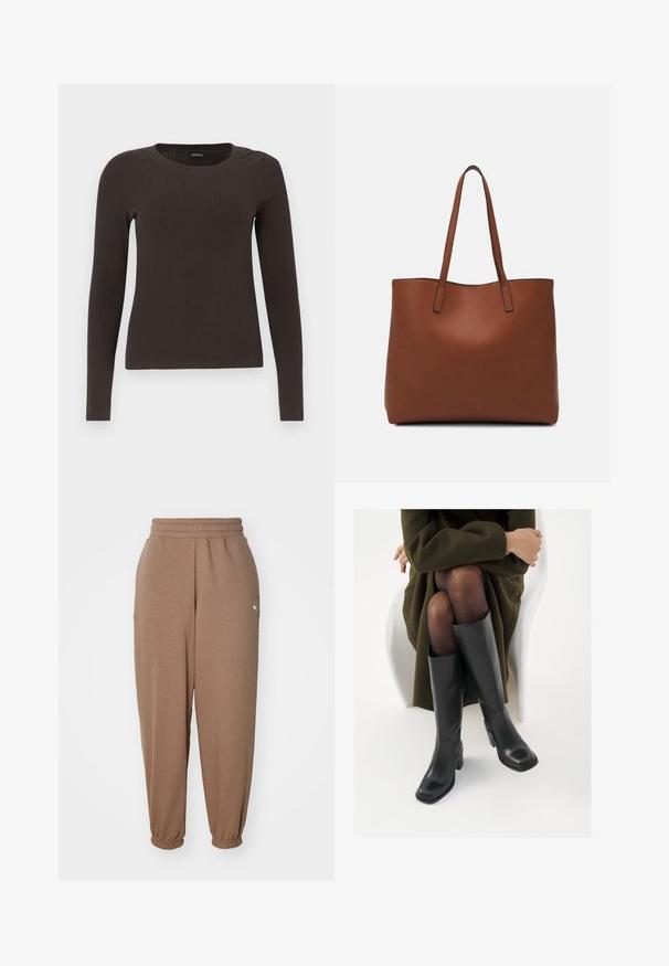 Rudas, su ilgomis rankovėmis, grioveliais dekoruotas viršus su apvaliu iškirpimu. Pagamintas iš lygaus, elastingo audinio, su prigludusia siluetu ir minimaliais akcentais.; Rudos sportiniai kelnes su elastinga juosta, siaurėjančiomis apačiomis ir mažu baltu logotipu kairiajame šlaunyje. Pagamintos iš minkštos medžiagos.; Juodos odinės pradžios ilgio bateliai su kvadratu formos nosimi ir bloko kulnu, demonstruojami su modeliu, sėdinčiu alyvuogių žalios spalvos švarku. Lygi tekstūra, minimalus puošimas.; Ruda odinė priekabų krepšys su glotnia tekstūra, atviru viršumi ir dviem petnešomis. Su minimalia siuvimo detalėmis ir nematoma aparatūra.