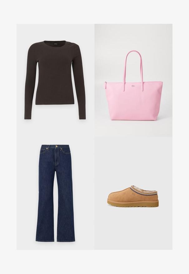 Barna, hosszú ujjú bordázott felső, kerek nyakkivágással. Simább, rugalmas anyagból készült, illeszkedő fazonú és minimális részletezéssel.; Sötétkék, bőszárú farmernadrág. Gombos záródással, elülső zsebekkel és kontrasztos varrással rendelkezik. Tiszta, klasszikus dizájn.; Barna velúr slip-on cipő texturált gyapjú béléssel és dekoratív etnikai stílusú varrással a gallér körül. Gumitalppal rendelkezik.; Rózsaszín texturált anyagból készült táska, amely két hosszú fogantyúval és egy domborított logóval rendelkezik az elején. Cipzáras felső záródás.