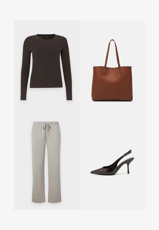 Brun langærmet ribbet top med rund halsudskæring. Fremstillet af et glat, strækbart materiale, med en tætsiddende silhuet og minimalistiske detaljer.; Lys grå joggingbukser lavet af blød bomuldsblanding, med en elastisk talje med justerbar snor og lige ben.; Slingback højhælet sko i glat mørkebrun patenteret læder, spids tå, åbne sider og justerbar ankelrem.; Brun læder tote taske med en glat overflade, åben topdesign og to skulderremme. Har minimal syning og ingen synlig hardware.