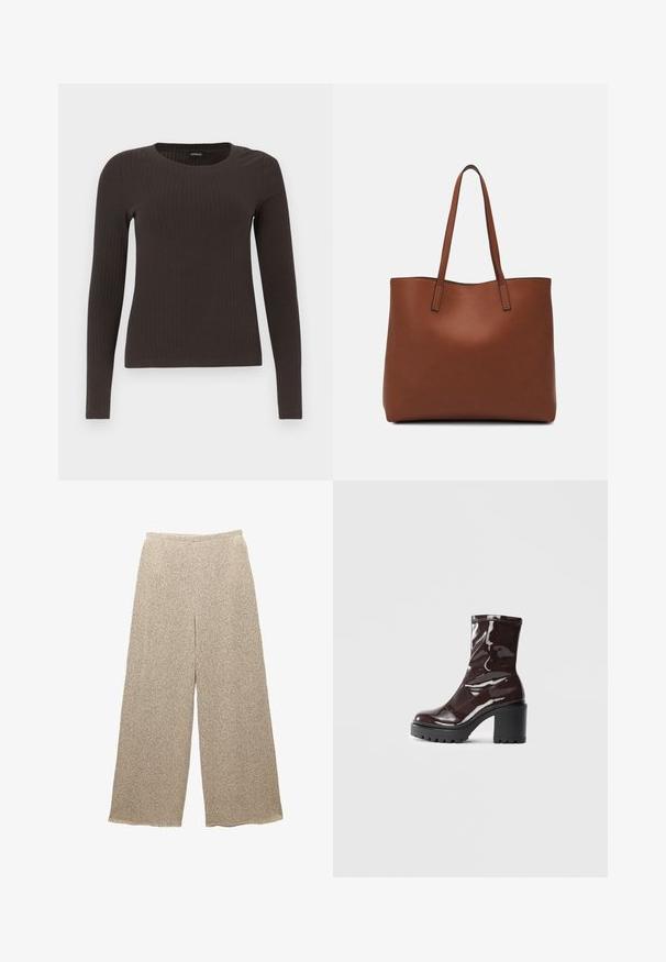 Top ribbed, de culoare maronie, cu mâneci lungi și gât rotund. Fabricat dintr-un material neted și elastic, cu un croi ajustat și detalii minime.; Pantaloni bej cu picioare largi, fabricați dintr-un material texturat cu un model subtil. Au un talie relaxată și o croială lejeră, oferind confort și ușurință.; Botine lucioase burgundy, cu toc gros negru, având o textură netedă și un design simplu. Fără închideri sau modele vizibile.; Geantă de umăr din piele maro cu o textură netedă, design cu vârf deschis și două curele pentru umăr. Prezintă cusături minime și fără componente metalice vizibile.