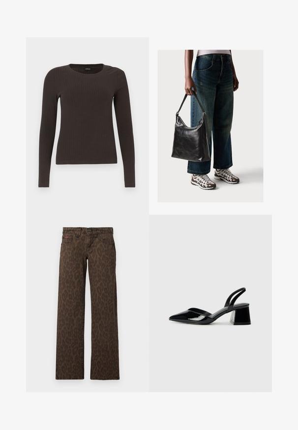 Top marrón de manga larga y con ribete, con cuello redondo. Fabricado con un material suave y elástico, presenta una silueta ajustada y un diseño minimalista.; Jeans de leopardo marrón con un diseño de pierna recta, que cuentan con un cierre de botón y un sutil logo rojo en la parte frontal. Tejido de mezclilla suave.; Zapatos de tacón slingback de charol negro con punta afilada y tacón geométrico en bloque. Presentan un diseño elegante y minimalista, así como una textura suave.; Bolso de hombro de cuero negro con una textura suave y correa ajustable, combinado con jeans de pierna ancha desgatados y zapatillas deportivas.