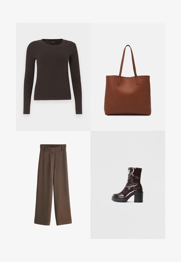 Un haut marron à manches longues en rib avec un col rond. Fabriqué dans un matériau lisse et extensible, il présente une silhouette ajustée et un minimum de détails.; Pantalons larges marron en tissu lisse, dotés d'une taille élastique haute et d'une couture avant ajustée pour un look structuré.; Bottines bordeaux brillantes à talon épais noir, avec une texture lisse et un design simple. Aucune fermeture visible ni motifs.; Sac fourre-tout en cuir marron avec une texture lisse, design à ouverture supérieure et deux poignées pour le porter à l'épaule. Présente des coutures minimales et aucun matériel visible.