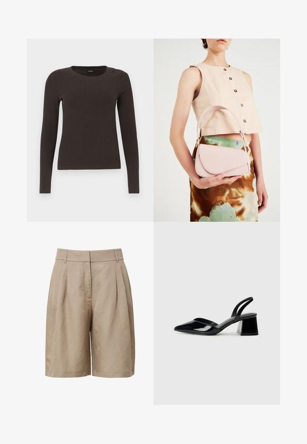 Braunes, langärmliges, geripptes Oberteil mit Rundhalsausschnitt. Hergestellt aus einem glatten, dehnbaren Material, mit einer taillierten Silhouette und minimalen Details.; Beige High-Waist-Shorts aus strukturiertem Stoff, mit Falten an der Vorderseite und seitlichen Taschen, im geraden Bein schnitt.; Schwarze Lackleder-Slingback-High Heels mit spitzem Schuh und einem geometrischen Blockabsatz. Verfügt über ein schlankes, minimalistisches Design und eine glatte Textur.; Rosa Lederhandtasche mit gewölbtem Deckel, einem Schulterriemen und klaren Linien. Die Tasche zeigt eine glatte Textur und ein minimalistisches Design.