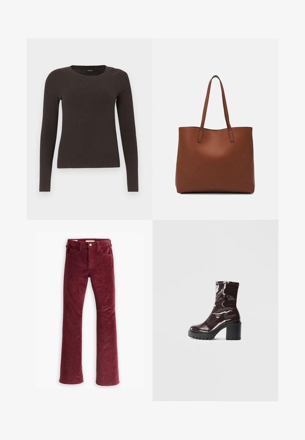 Barna, hosszú ujjú bordázott felső, kerek nyakkivágással. Simább, rugalmas anyagból készült, illeszkedő fazonú és minimális részletezéssel.; Levi's® 726 FLARE - Trapézfarmer - windsor wine; Fényes bordó bokacsizma vastag fekete sarokkal, sima felülettel és egyszerű dizájnnal. Nincsenek látható zárak vagy minták.; Barna bőr vászontáska sima textúrával, nyitott tetejű dizájnnal és két vállpánttal. Minimális varrással és látható hardver nélkül készült.
