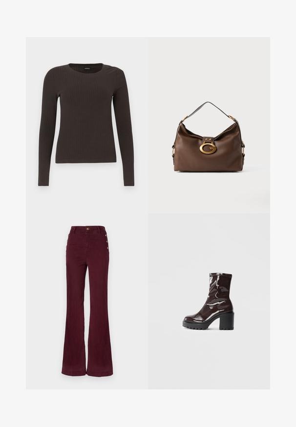 Braunes, langärmliges, geripptes Oberteil mit Rundhalsausschnitt. Hergestellt aus einem glatten, dehnbaren Material, mit einer taillierten Silhouette und minimalen Details.; Hochtaillierte, aus burgunderroter Baumwolle gefertigte Schlaghosen mit goldenen Knöpfen an der Seite, einem glatten Material und präzisen Nähten.; Glatte bordeauxrote Ankle Boots mit einem klobigen schwarzen Absatz, die eine glatte Oberfläche und ein einfaches Design aufweisen. Keine sichtbaren Verschlüsse oder Muster.; Braune Handtasche aus Leder mit strukturiertem Finish, ausgestattet mit einem goldfarbigen Verschluss und einem einzigen, geschwungenen Schulterriemen.