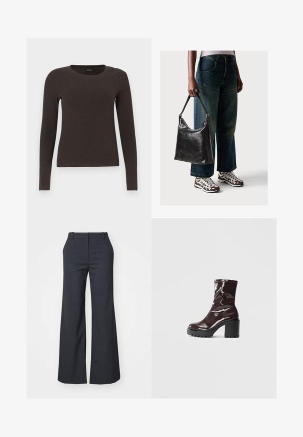 Top marrone a maniche lunghe con scollo rotondo. Realizzato in un materiale liscio e elasticizzato, presenta una silhouette aderente e dettagli minimi.; Weekday EMILY SUITING - Pantaloni - dark grey melange; Stivale alla caviglia bordeaux lucido con un tacco spesso nero, caratterizzato da una superficie liscia e un design semplice. Nessuna chiusura visibile o motivo.; Borsa a tracolla nera in pelle con una texture liscia e tracolla regolabile, abbinata a jeans ampi sbiaditi e sneakers sportive.