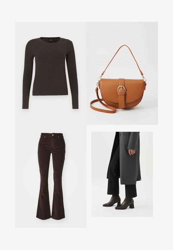 Rudas, su ilgomis rankovėmis, grioveliais dekoruotas viršus su apvaliu iškirpimu. Pagamintas iš lygaus, elastingo audinio, su prigludusia siluetu ir minimaliais akcentais.; Vero Moda VMFLASH FLARED PANTS - Kelnės - chocolate torte; Aukštakulniai aulinukai iš tamsiai rudo odos su smailiu pirštu ir blokuotu kulnu, derinami su juodomis kelnėmis ir pilku paltu.; Ruda odinė kryžminė rankinė, turinti kreivą formą, auksinius metalinius elementus ir sagtį. Yra nuimama petneša.