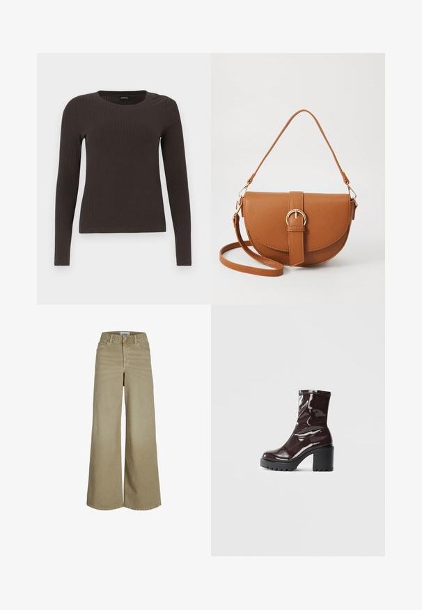 Top castanho de manga longa em malha com decote redondo. Feito de um material suave e elástico, apresentando um silhueta ajustada e detalhes mínimos.; Jeans largos bege com cintura alta, costura detalhada, cinco bolsos e um fecho clássico com botão na frente.; Bota de tornozelo burgundy brilhante com um salto preto robusto, apresentando uma textura suave e um design simples. Sem fechos ou padrões visíveis.; Bolsa transversal de couro castanho com um formato curvado, ferragens douradas e um detalhe de fivela. Inclui uma alça de ombro destacável.