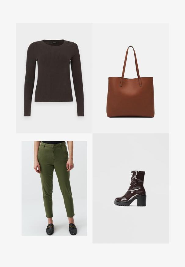 Un haut marron à manches longues en rib avec un col rond. Fabriqué dans un matériau lisse et extensible, il présente une silhouette ajustée et un minimum de détails.; Pantalon vert olive à coupe ajustée, avec fermeture à bouton, poches avant et texture lisse. Associé à des mocassins noirs.; Bottines bordeaux brillantes à talon épais noir, avec une texture lisse et un design simple. Aucune fermeture visible ni motifs.; Sac fourre-tout en cuir marron avec une texture lisse, design à ouverture supérieure et deux poignées pour le porter à l'épaule. Présente des coutures minimales et aucun matériel visible.