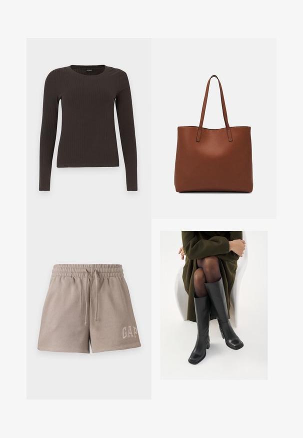 Barna, hosszú ujjú bordázott felső, kerek nyakkivágással. Simább, rugalmas anyagból készült, illeszkedő fazonú és minimális részletezéssel.; Puha anyagból készült bézs rövidnadrág, rugalmas derékkal, behúzható zsinórral, és az alsó elülső részen hímzett "GAP" logóval.; Térdfelett érő fekete bőr csizmák négyzet alakú orral és tömbtalppal, olajzöld kabátban ülő modellel bemutatva. Simaság, minimalista részletezés.; Barna bőr vászontáska sima textúrával, nyitott tetejű dizájnnal és két vállpánttal. Minimális varrással és látható hardver nélkül készült.