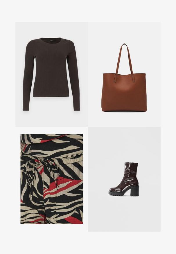 Brun långärmad ribbad topp med rundad halsringning. Tillverkad av ett mjukt, elastiskt material, med en figurnära silhuett och minimala detaljer.; Svart, elfenben och röd tyg med ett djärvt zebrastripesmönster. Midjebandet har en justerbar dragsko för passform. Texturen verkar lätt.; Glansig bordeauxfärgad ankelsko med en kraftig svart klack, som har en slät yta och enkel design. Inga synliga stängningar eller mönster.; Brun läder tote-väska med en slät textur, öppen toppdesign och två axelremmar. Har minimal söm och ingen synlig metalldetalj.
