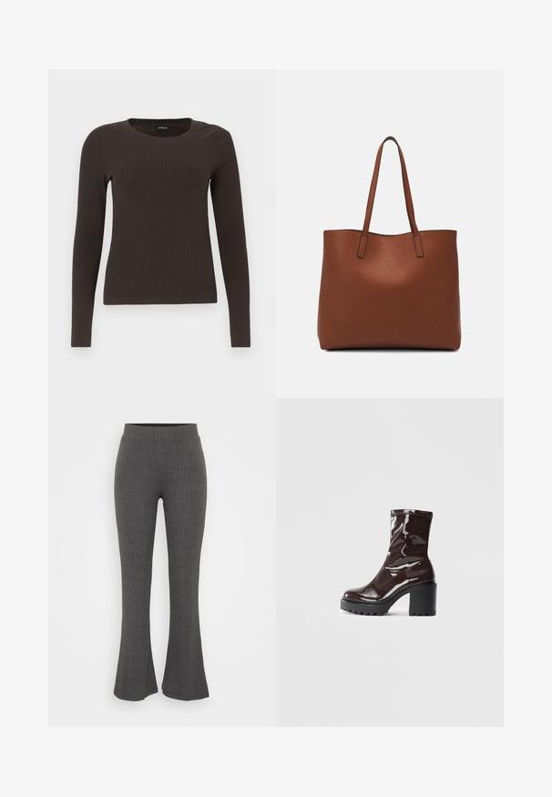 Brūns, garām piedurknēm ribots tops ar apaļu kakla izgriezumu. Izgatavots no gludas, elastīgas materiāla, ar pieguļošu siluetu un minimālu apdari.; Pelēkas ribotas adītas bikses ar platu jostu. Dizainā ir teksturēti vertikāli svītri un brīvs piegriezums apakšā.; Spīdīgas bordo potīšu botītes ar masīlu melnu papēdi, kurām ir gluda tekstūra un vienkāršs dizains. Nav redzamu aizdari vai rakstu.; Brūna ādas iepirkumu soma ar gludu tekstūru, atvērta augšdaļa un divas plecu siksnas. Izceļas ar minimālām šuvēm un redzamu aparatūru nav.