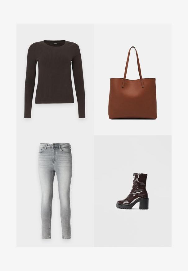 Pruun, pikkade varrukatega ribaga särk, millel on ümar kaelus. Valmistatud siledast, venivast materjalist, omades formatiivset siluetti ja minimaalset dekoratiivsust.; Hallide denim kitsas püksid siledast kangast, viie tasku disain ja nööbi ning lukuga sulgemine vööl. Karmus kogu ulatuses.; Klakav läikiv burgundi värvi pahkluu saabas, millel on paks must konts, sile tekstuur ja lihtne disain. Nähtavad kinnitused või mustrid puuduvad.; Pruun nahast tote-kott, millel on sile tekstuur, avatud ülaosa disain ja kaks õlarihma. Omab minimaalset õmblust ja nähtavat riistvara ei ole.