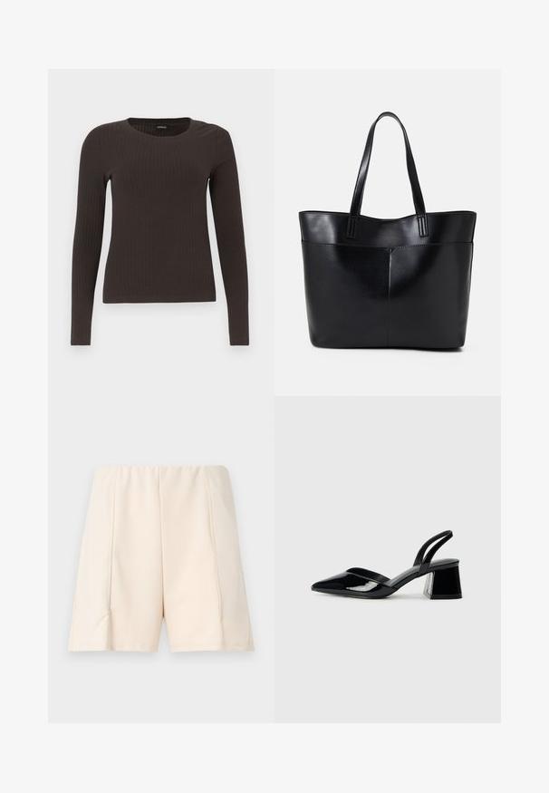 Top castanho de manga longa em malha com decote redondo. Feito de um material suave e elástico, apresentando um silhueta ajustada e detalhes mínimos.; Calções de um bege claro com uma textura suave, cintura elástica e costuras laterais. Design simples sem padrões ou realces visíveis.; Sandy em verniz preto com salto slingback, ponta afilada e salto geométrico. Apresenta um design elegante e minimalista com textura suave.; Bolsa tote preta em couro com duas alças longas, textura suave e forma estruturada. Apresenta um bolso frontal para armazenamento adicional.