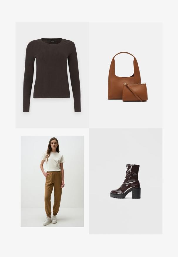 Brown, long-sleeve ribbed top with a crew neckline. Made from a smooth, stretchy material, featuring a fitted silhouette and minimal detailing.; Light beige short-sleeve t-shirt paired with brown, tapered sweatpants featuring an elastic waistband and cuffed ankles. White sneakers complete the look.; Glossy burgundy ankle boot with a chunky black heel, featuring a smooth texture and simple design. No visible fastenings or patterns.; Brown synthetic handbag with a curved handle and a smooth texture. Includes a matching small pouch with a zipper. Minimalist design.
