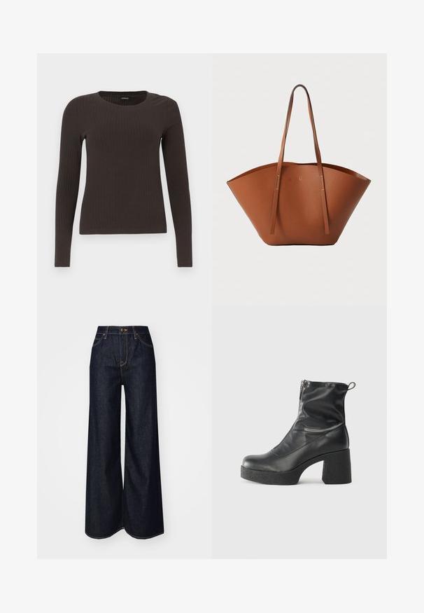 Brown, long-sleeve ribbed top with a crew neckline. Made from a smooth, stretchy material, featuring a fitted silhouette and minimal detailing.; Lee STELLA - Relaxed fit jeans - dark beat; Black ankle boots made of smooth leather, featuring a side zipper, chunky textured heel, and rounded toe design.; Brown leather tote bag with a wide, structured shape, thin handles, and a textured finish. Features minimalistic design with no visible hardware.
