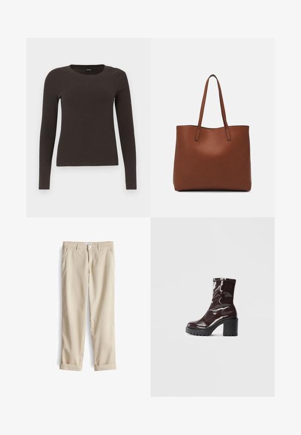 Top marrone a maniche lunghe con scollo rotondo. Realizzato in un materiale liscio e elasticizzato, presenta una silhouette aderente e dettagli minimi.; Pantaloni chino in cotone beige con una vestibilità classica, dotati di tasche frontali e orli arrotolati. Texture liscia e dettagli di cucitura discreti.; Stivale alla caviglia bordeaux lucido con un tacco spesso nero, caratterizzato da una superficie liscia e un design semplice. Nessuna chiusura visibile o motivo.; Borsa tote in pelle marrone con texture liscia, design con apertura superiore e due spallacci. Presenta cuciture minime e nessun hardware visibile.