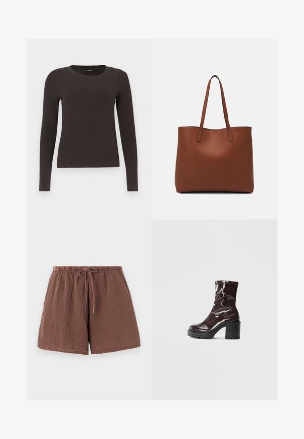 Braunes, langärmliges, geripptes Oberteil mit Rundhalsausschnitt. Hergestellt aus einem glatten, dehnbaren Material, mit einer taillierten Silhouette und minimalen Details.; Braune Baumwollshorts mit einer strukturierten, knitterigen Oberfläche, einem elastischen Bund und einem Kordelzug. Mittellange bis zum Oberschenkel mit lockerer Passform.; Glatte bordeauxrote Ankle Boots mit einem klobigen schwarzen Absatz, die eine glatte Oberfläche und ein einfaches Design aufweisen. Keine sichtbaren Verschlüsse oder Muster.; Braune Leder-Tote mit glatter Textur, offenem Oberteil und zwei Schulterriemen. Verfügt über minimale Nähte und keine sichtbaren Beschläge.