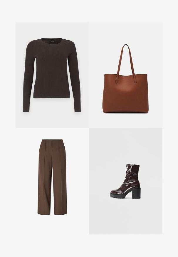 Bruine, lang%C3%A8ve ribgebreide top met een ronde hals. Gemaakt van een soepel, rekbaar materiaal, met een getailleerde pasvorm en minimale details.; Bruine hoge taille wijde broek met kreuklijnen aan de voorkant en een verborgen ritssluiting aan de voorkant.; Glanzende bordeauxrode enkelboot met een chunky zwarte hak, met een gladde textuur en een eenvoudig ontwerp. Geen zichtbare sluitingen of patronen.; Bruine leren tote bag met een gladde textuur, een ontwerp met een open bovenkant en twee schouderbanden. Kenmerkt zich door minimale stiksels en geen zichtbare hardware.
