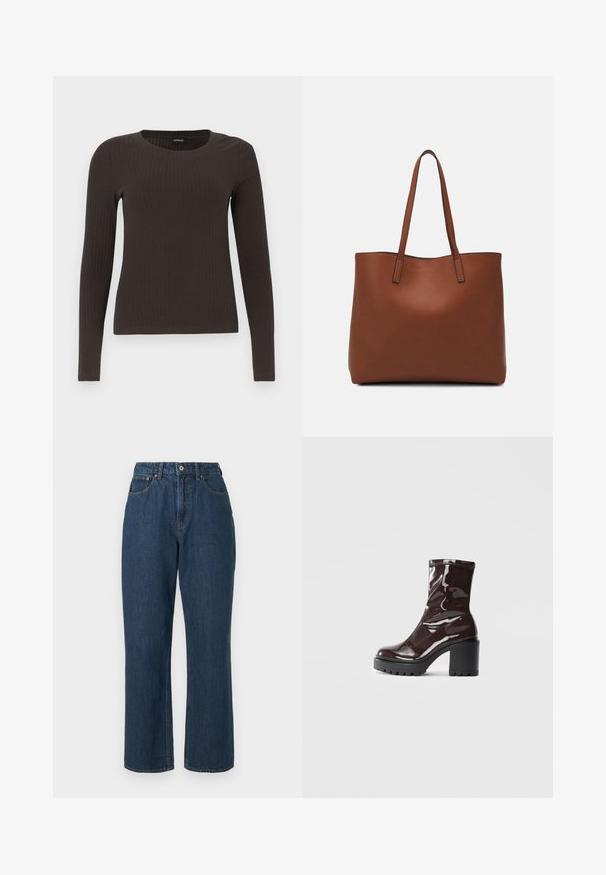 Brun, langermet ribbestrikket topp med rund hals. Laget av et glatt, elastisk materiale, med en tettsittende silhuett og minimalt med detaljer.; Blå denimjeans med høy midje, vide ben, synlig søm og en enkelt knapp foran. Teksturert stoff med glatt overflate.; Glinsende burgunder ankelstøvel med en kraftig svart hæl, med en glatt tekstur og enkelt design. Ingen synlige lukkinger eller mønstre.; Brun lær tote veske med en jevn tekstur, åpen toppdesign og to skulderstropper. Har minimal søm og ingen synlige spiker.