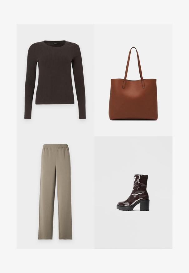 Brown, long-sleeve ribbed top with a crew neckline. Made from a smooth, stretchy material, featuring a fitted silhouette and minimal detailing.; Pull-on trousers in a light khaki color. Made of smooth fabric with an elastic waistband and wide-leg design. No visible patterns or accents.; Glossy burgundy ankle boot with a chunky black heel, featuring a smooth texture and simple design. No visible fastenings or patterns.; Brown leather tote bag with a smooth texture, open top design, and two shoulder straps. Features minimal stitching and no visible hardware.