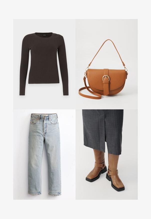 Top marrón de manga larga y con ribete, con cuello redondo. Fabricado con un material suave y elástico, presenta una silueta ajustada y un diseño minimalista.; Jeans de denim azul claro con un diseño de pierna recta, que presentan un dobladillo desgastado, remaches de cobre y un estilo clásico de cinco bolsillos.; Botas de cuero marrón hasta la rodilla con punta cuadrada, suela de goma negra y detalle de correa ajustable con hebilla. Llevadas con una falda gris de rayas.; Bolso bandolera de cuero marrón con forma curvada, herrajes dorados y un acento de hebilla. Incluye una correa de hombro desmontable.