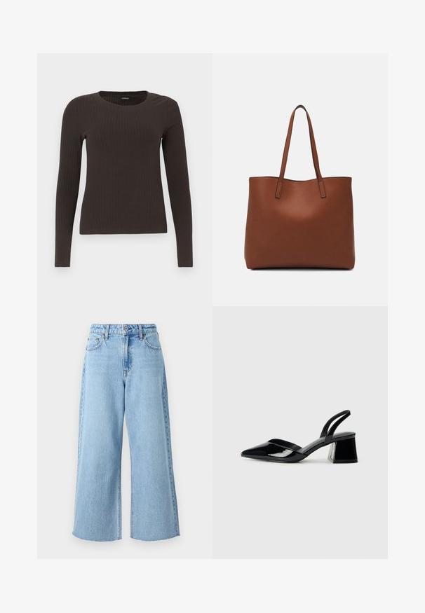 Brūns, garām piedurknēm ribots tops ar apaļu kakla izgriezumu. Izgatavots no gludas, elastīgas materiāla, ar pieguļošu siluetu un minimālu apdari.; Gaiši zili plaša kāju džinsi no denima auduma, ar augstu jostasvietu, priekšējo pogu aizdari un neapstrādātu apakšmalu pie potītēm.; Melna lakota āda ar atvērto papēdi, ar smailu purngalu un ģeometrisku blokpapēdi. Iezīmējas elegants, minimāls dizains un gluda tekstūra.; Brūna ādas iepirkumu soma ar gludu tekstūru, atvērta augšdaļa un divas plecu siksnas. Izceļas ar minimālām šuvēm un redzamu aparatūru nav.