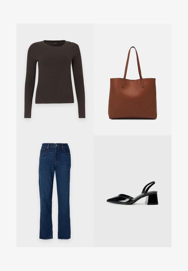 Bruine, lang%C3%A8ve ribgebreide top met een ronde hals. Gemaakt van een soepel, rekbaar materiaal, met een getailleerde pasvorm en minimale details.; Donkerblauwe denim recht gesneden jeans met een vijfzakkenontwerp, oranje stiksels en een knoopsluiting bij de tailleband.; Zwarte gepatineerde leren slingback hakken met een spitse neus en een geometrische blokhak. Kenmerkt zich door een slank, minimalistisch ontwerp en een gladde textuur.; Bruine leren tote bag met een gladde textuur, een ontwerp met een open bovenkant en twee schouderbanden. Kenmerkt zich door minimale stiksels en geen zichtbare hardware.