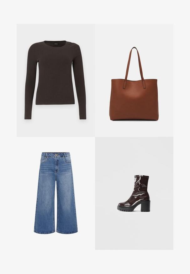 Hnedý, dlhý rukáv, rebrovaný top s okrúhlym výstrihom. Vyrobený z hladkého, elastického materiálu, s priliehavým strihom a minimálnym zdobením.; Široké modré deninové džínsy s vysokým pásom, s gombíkovým zapínaním, piatimi vreckami a jemným vyblednutím. Šitý lem s klasickým dizajnom.; Lesklé burgundské kotníkové boty s robustním černým podpatkem, s hladkou strukturou a jednoduchým designem. Bez viditelných zapínání nebo vzorů.; Hnedá kožená taška na rameno s hladkou textúrou, otvoreným vrchom a dvoma ramenými popruhmi. Má minimálne šitia a žiadne viditeľné kovania.