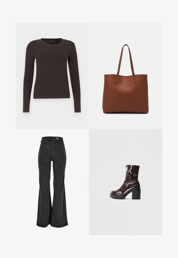 Top marrón de manga larga y con ribete, con cuello redondo. Fabricado con un material suave y elástico, presenta una silueta ajustada y un diseño minimalista.; Vaqueros de campana negros con una textura suave, cintura alta y una etiqueta de marca en la parte trasera. Presenta un diseño de pierna ancha y costuras reforzadas.; Botín burdeos brillante hasta el tobillo con un tacón negro grueso, que presenta una textura suave y un diseño sencillo. Sin cierres ni patrones visibles.; Bolso tote de cuero marrón con una textura suave, diseño de apertura superior y dos correas para el hombro. Presenta una costura mínima y sin herrajes visibles.