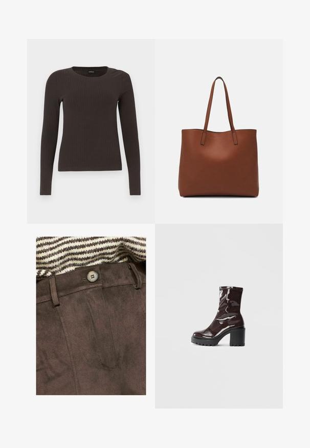 Brūns, garām piedurknēm ribots tops ar apaļu kakla izgriezumu. Izgatavots no gludas, elastīgas materiāla, ar pieguļošu siluetu un minimālu apdari.; Brūnas zamšveidīgas bikses ar gludu faktūru, ar priekšējo pogu un jostas cilpām, daļēji pārklātas ar svītrainu adītu džemperi.; Spīdīgas bordo potīšu botītes ar masīlu melnu papēdi, kurām ir gluda tekstūra un vienkāršs dizains. Nav redzamu aizdari vai rakstu.; Brūna ādas iepirkumu soma ar gludu tekstūru, atvērta augšdaļa un divas plecu siksnas. Izceļas ar minimālām šuvēm un redzamu aparatūru nav.